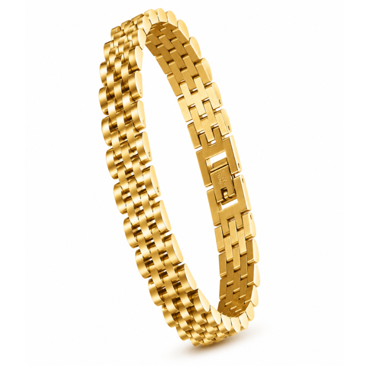 Silver stainless steel men's bracelet with luxury brick design, handmade by T.M.J, 10mm width, 21cm length.