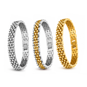 Silver stainless steel men's bracelet with luxurious brick design, handmade by T.M.J, 10mm width, 21cm length.