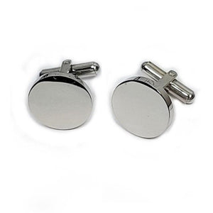 Elegant round stainless steel cufflinks by T.M.J, featuring engravable surface and polished finish for formal occasions.