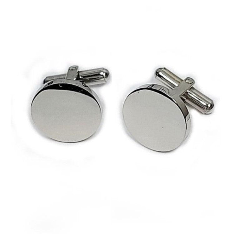 Elegant round stainless steel cufflinks by T.M.J, featuring engravable surface and polished finish for formal occasions.