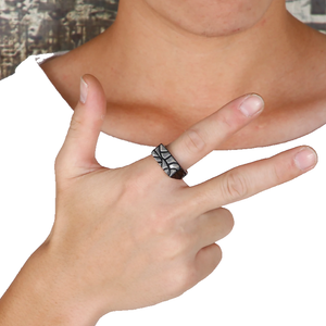Men’s stainless steel ring with a crazy pattern finish by T.M.J, featuring a bold silver design and intricate textured details.