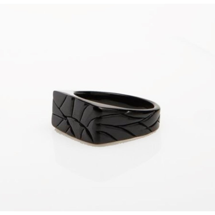 Men’s stainless steel ring with a crazy pattern finish by T.M.J, featuring a bold, intricate design on a silver band.