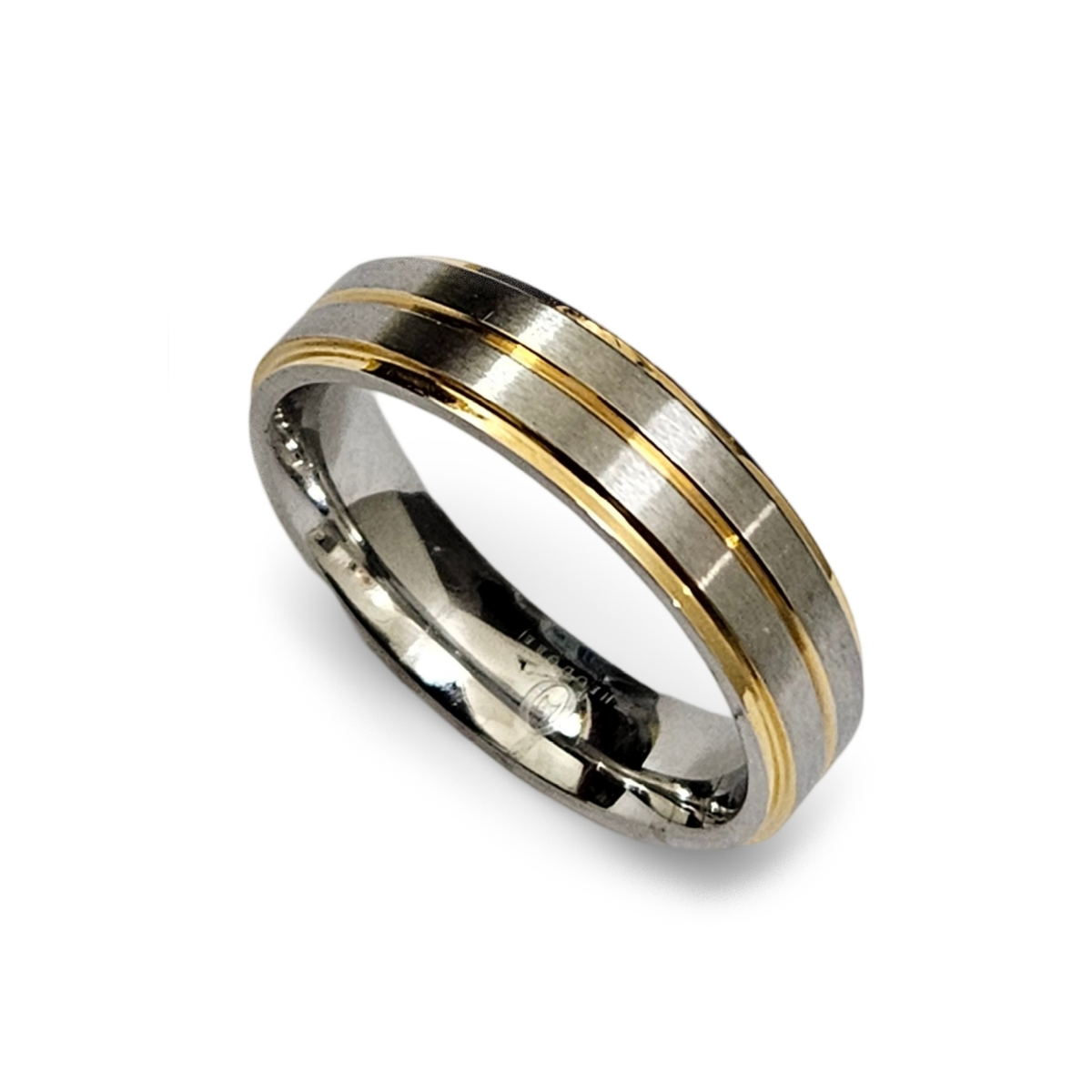Sophisticated satin finish stainless steel ring with gold accents from T.M.J, showcasing a sleek and elegant design.