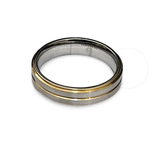 Sophisticated satin finish stainless steel ring with gold accents by T.M.J, featuring a sleek design and elegant detailing.