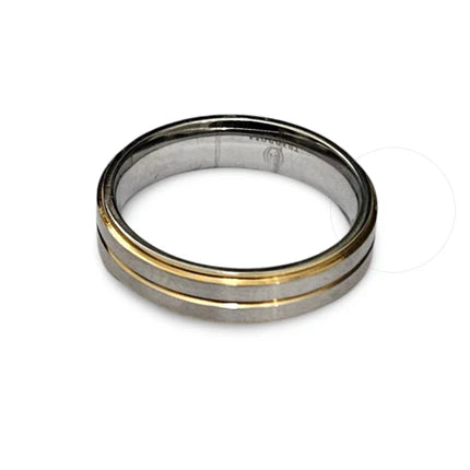Sophisticated satin finish stainless steel ring with gold accents by T.M.J, featuring a sleek design and elegant detailing.