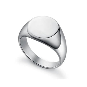 Men’s polished silver pinky ring by T.M.J, stainless steel with a bold edge and timeless simplicity, designed for stylish men.