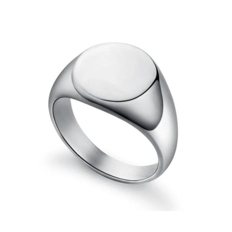 Men’s polished silver pinky ring by T.M.J, stainless steel with a bold edge and timeless simplicity, designed for stylish men.