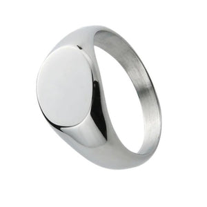 Stainless steel men's pinky ring with polished silver finish, featuring a simple yet bold design by T.M.J.