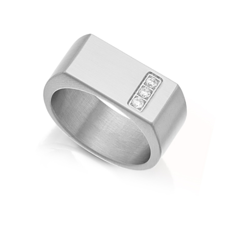 Stainless steel dress ring with cubic zirconia stones from T.M.J, featuring a sleek band and sparkling gemstone accents.