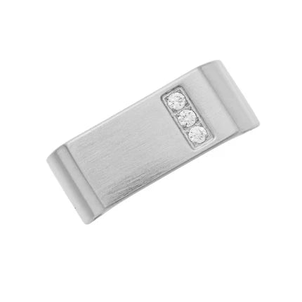 Stainless steel dress ring with cubic zirconia stones, stylish T.M.J brand jewelry, featuring a sleek band and sparkling accents.