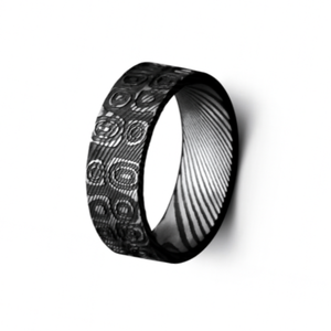 T.M.J stainless steel men's Aegis ring with Damascus ovals and circles design symbolizing cycles, protection, and unity.