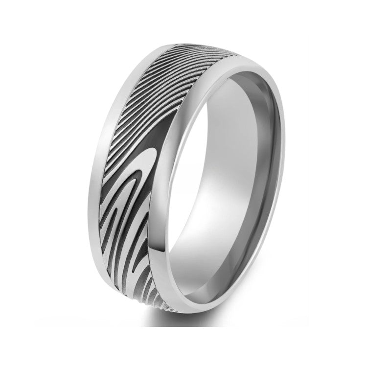 8mm etched Damascus steel and stainless steel ring by T.M.J, featuring intricate patterns on silver-toned band.