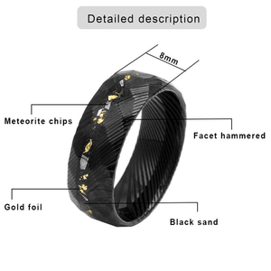 Men’s Erebus stainless steel ring with meteorite and gold Damascus steel accents, featuring a sleek, polished design.