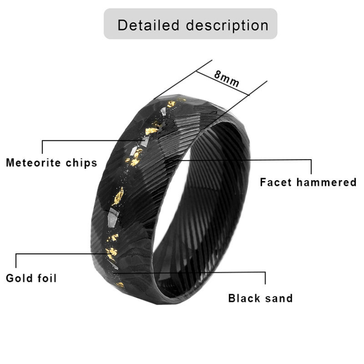 Men’s Erebus stainless steel ring with meteorite and gold Damascus steel accents, featuring a sleek, polished design.