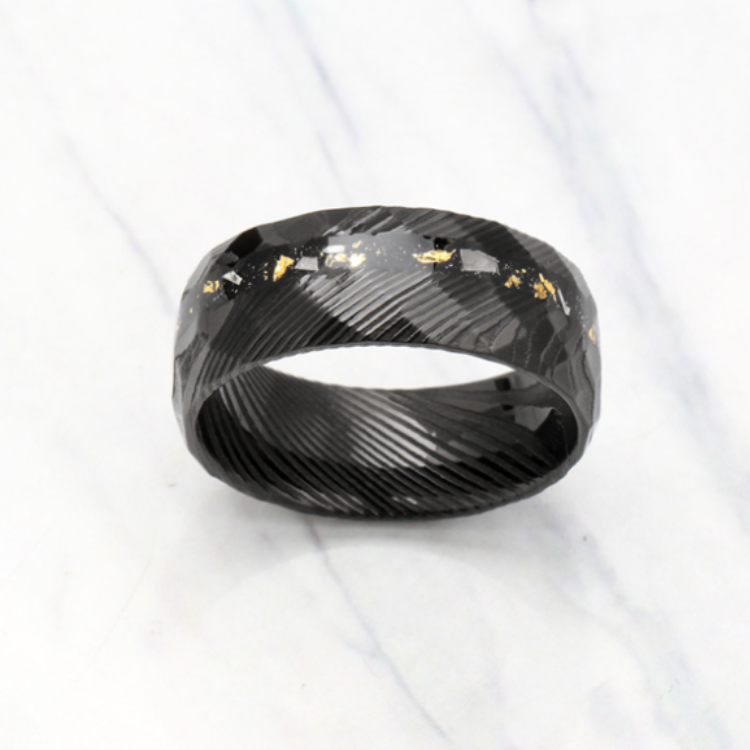 Erebus men's stainless steel ring with meteorite and gold Damascus steel accents, featuring intricate textured design.