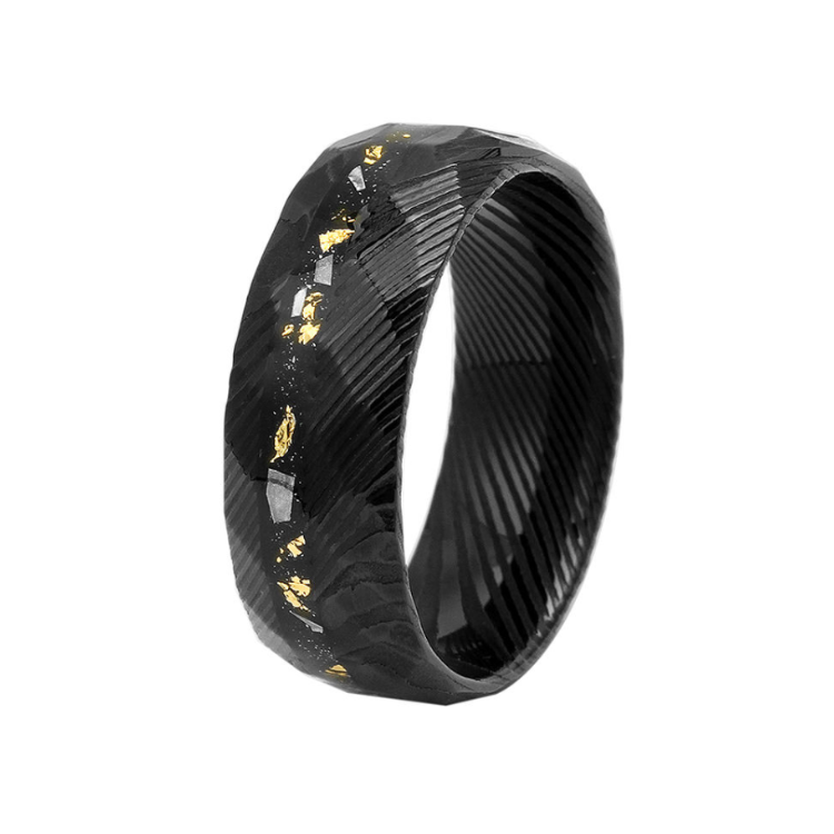 Erebus men's stainless steel ring with meteorite and gold Damascus steel inlay, featuring a sleek and modern design.
