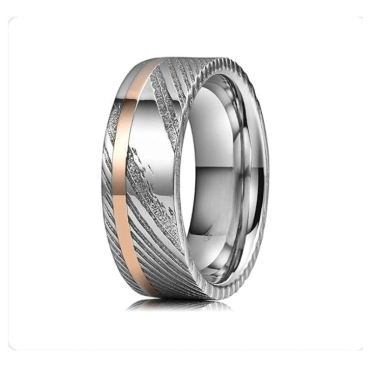 Helios 1 men's Damascus steel and gold inlay stainless steel ring by T.M.J with intricate design and polished finish.