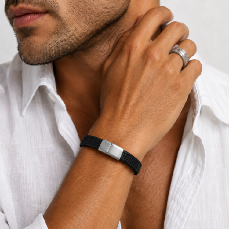 Helios 1 men's stainless steel Damascus steel and gold inlay ring by T.M.J, featuring intricate pattern and sleek design.
