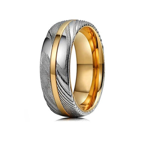 Helios 2 men's Damascus steel and gold inlay stainless steel ring by T.M.J, featuring intricate Damascus pattern and gold accents.