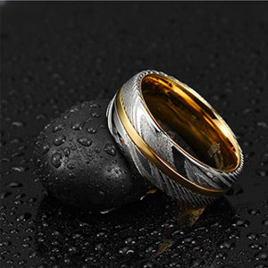 Helios 2 men's Damascus steel and gold inlay stainless steel ring by T.M.J, featuring intricate design and polished finish.
