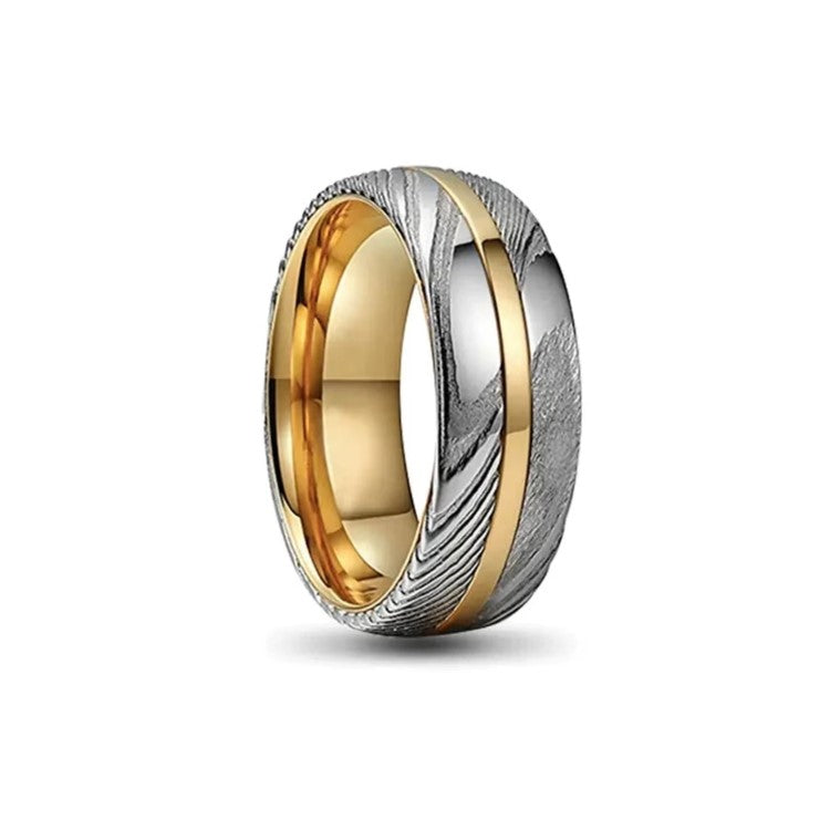 T.M.J Helios 2 men's stainless steel ring with Damascus steel and gold inlay, showcasing intricate design and polished finish.