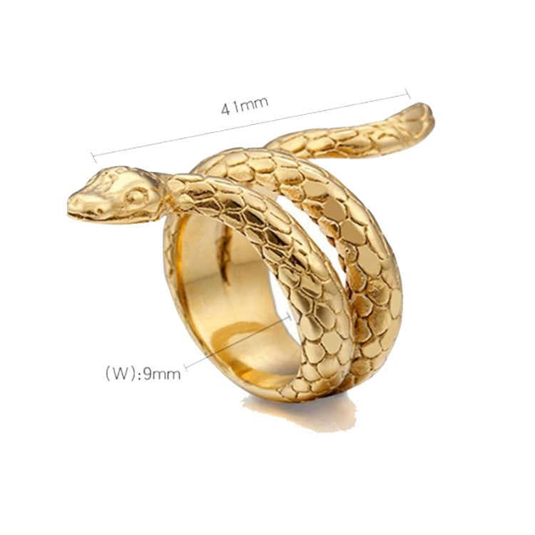 Stainless steel gold snake ring by T.M.J showcasing a sleek, detailed snake design on a polished gold finish ring.