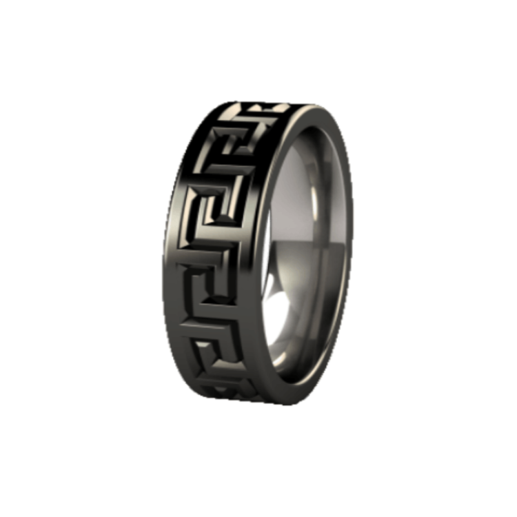 Black zirconium men's ring with Greek key design, stainless steel band by T.M.J, stylish and durable jewelry accessory