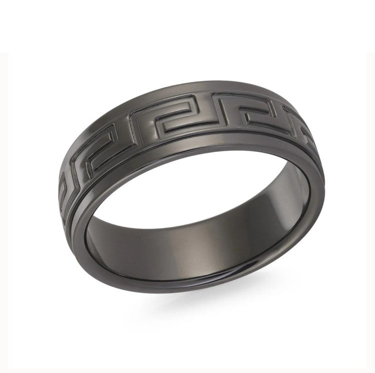 Black zirconium Greek key design stainless steel men's ring with T.M.J branding, featuring bold pattern and sleek finish.