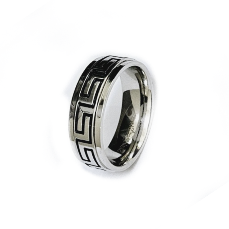 Stainless steel Greek key pattern ring by T.M.J, featuring a detailed geometric design on a sleek silver band.