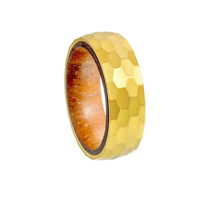 Gold-plated stainless steel ring with hardwood inlay from T.M.J, featuring a sleek design and natural wood accents.