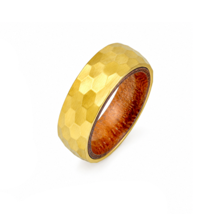 Gold-plated stainless steel ring with hardwood inlay from T.M.J, featuring a stylish, natural wood detail in a sleek design.