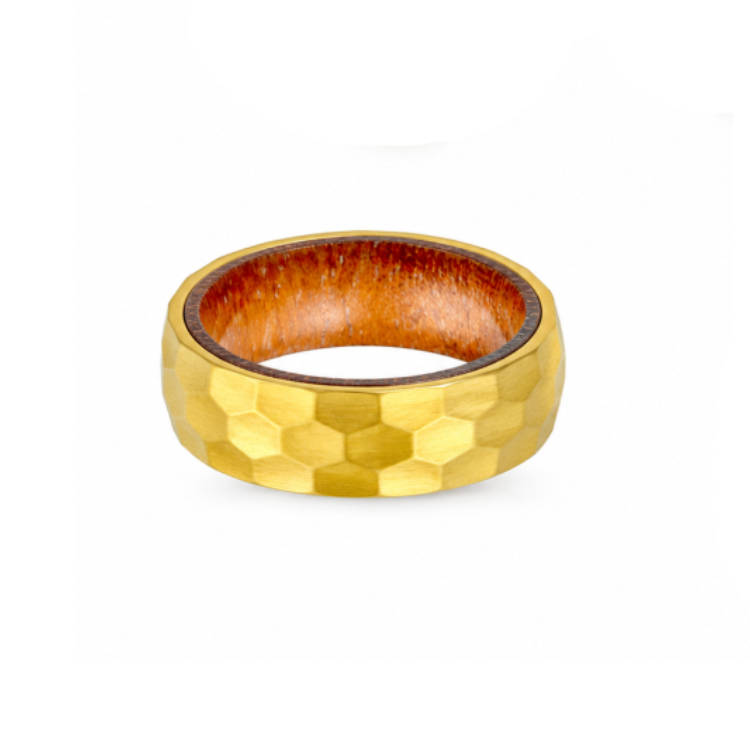 Emberwood gold-plated stainless steel ring with hardwood inlay, featuring a sleek, modern design and polished finish.