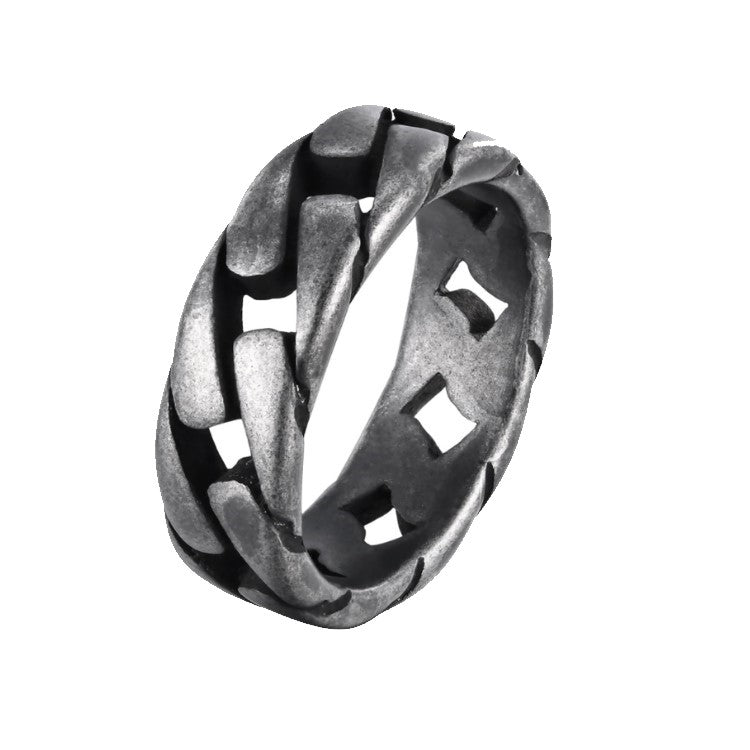 Close-up of T.M.J stainless steel Legion Antique Steel Curb Link Ring showing its textured, antique finish and sturdy curb link design.