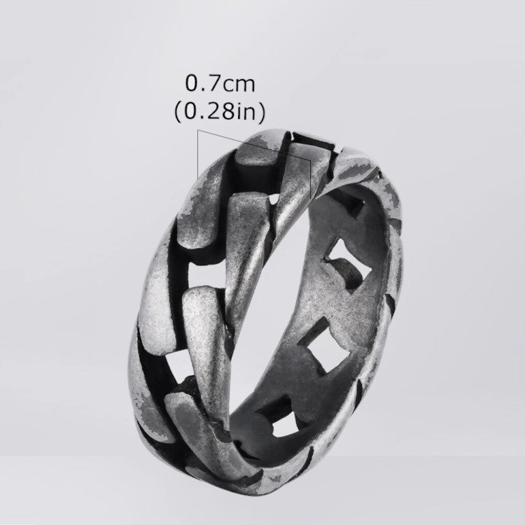 T.M.J stainless steel curb link ring with antique steel finish, showcasing a bold, durable design.