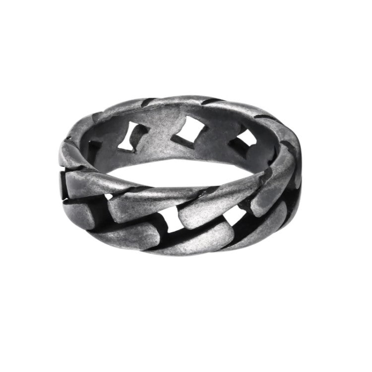 T.M.J Legion Antique Steel Curb Link Ring made of stainless steel with a vintage, textured curb link design.