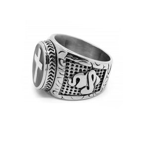 Men’s vintage oval cross signet ring by T.M.J, stainless steel with enamel base, featuring a classic cross design.