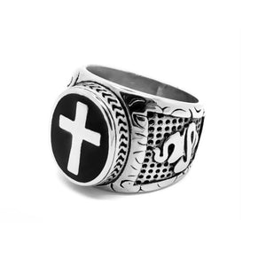 Men’s vintage oval cross signet ring by T.M.J, stainless steel with enamel base, featuring a classic design and detailed craftsmanship.