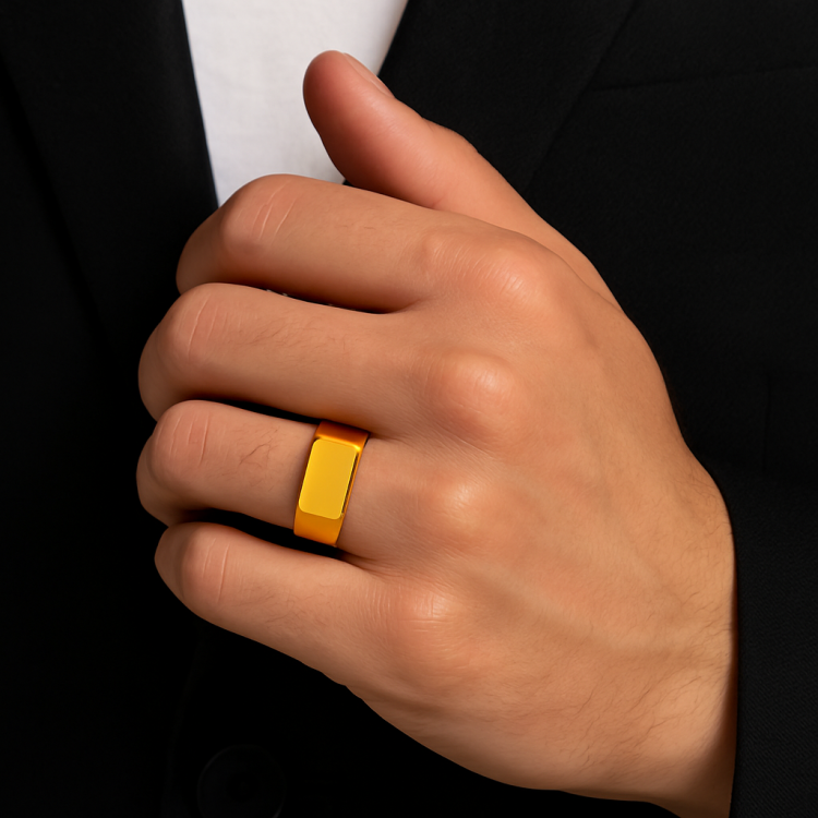 Men’s polished finish 316L stainless steel dress ring by T.M.J, featuring a sleek silver design and smooth surface.
