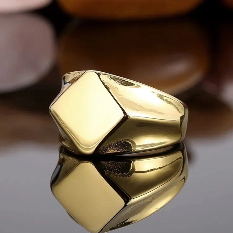 Men’s stainless steel square face ring in polished silver or gold, featuring a bold modern silhouette and sleek design.