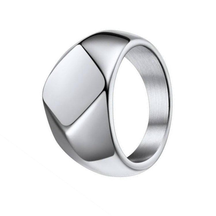 Men’s stainless steel square face ring in polished silver or gold with modern, bold design and sleek silhouette.