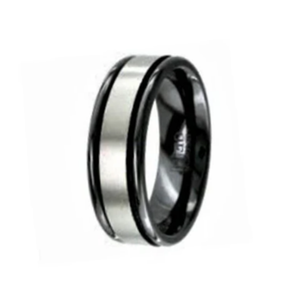Two-tone black zirconium design men's stainless steel ring with sleek band and modern style.
