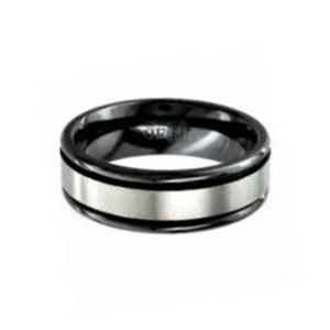 Stainless steel men's ring with two-tone black zirconium design, featuring a modern band style and sleek finish.