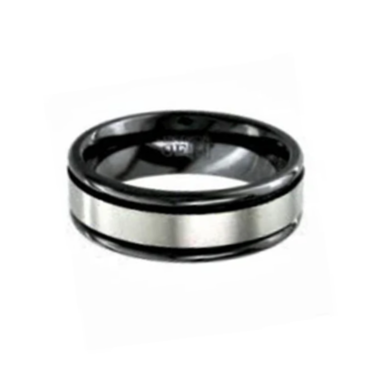 Stainless steel men's ring with two-tone black zirconium design, featuring a modern band style and sleek finish.