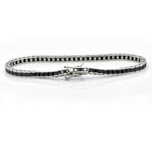 Sterling silver princess cut black CZ tennis bracelet by T.M.J, 17cm length, elegant jewelry for women.