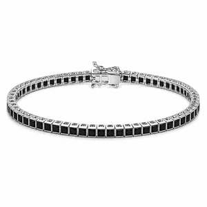 Sterling silver princess cut black CZ tennis bracelet by T.M.J, 17cm length, elegant jewelry accessory with sparkling black stones.