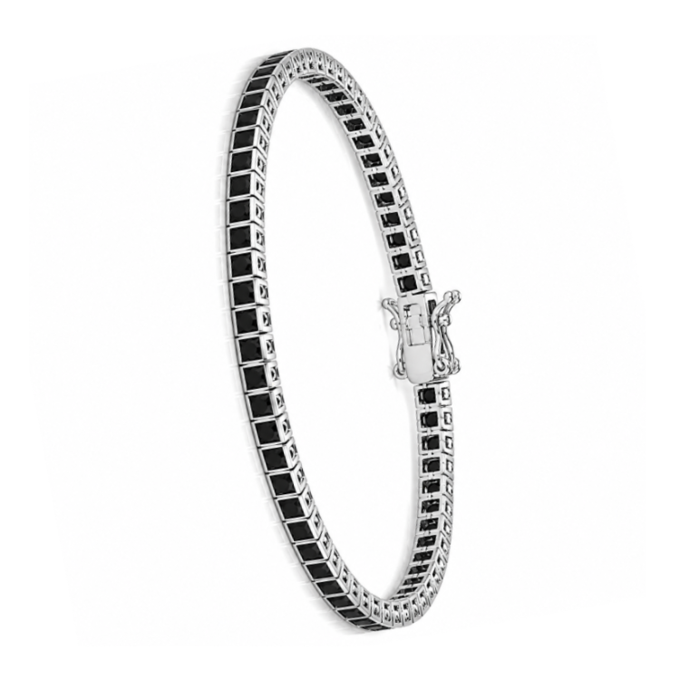 Sterling silver princess cut black CZ tennis bracelet by T.M.J, 17cm length, elegant jewelry accessory with sparkling black stones.