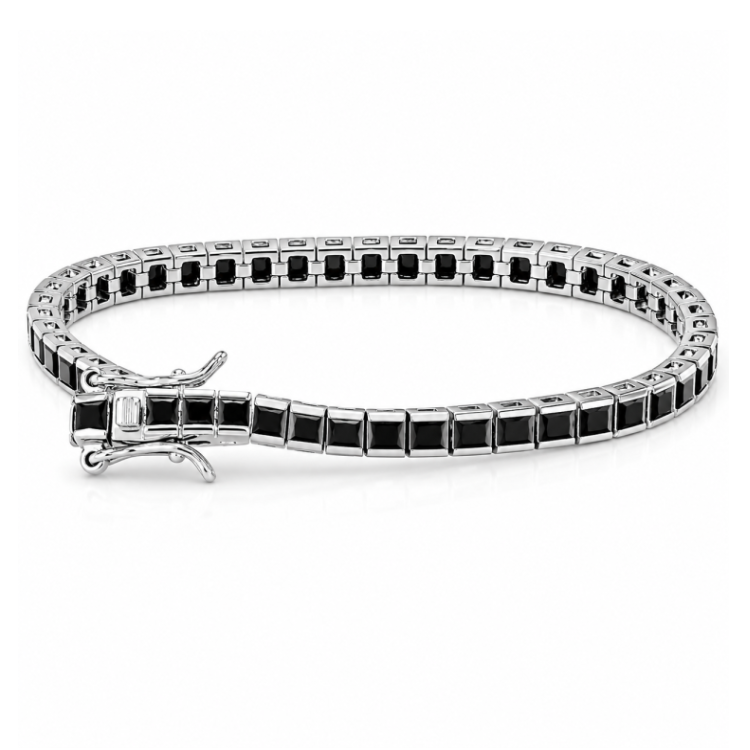 Sterling silver princess cut black CZ tennis bracelet by T.M.J, 17cm length, elegant jewelry accessory.