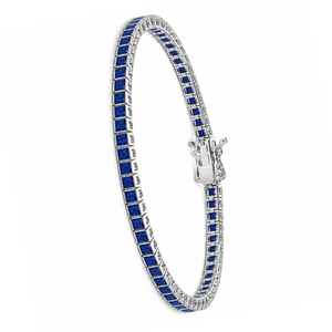 Sterling silver princess cut sapphire blue CZ tennis bracelet with 3mm stones, stylish and elegant jewelry from T.M.J.
