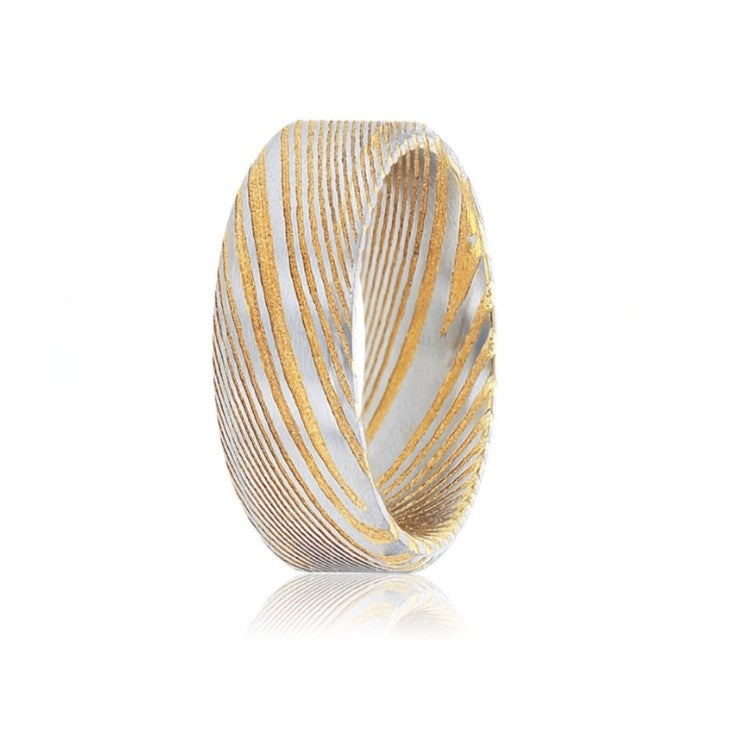 Titanium ring with Damascus steel top, comfort fit, matte finish, designed by T.M.J.