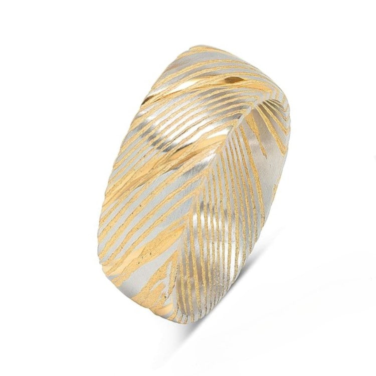 Gold Cerakote Damascus stainless steel ring by T.M.J, polished finish, shown in size M/6.5.